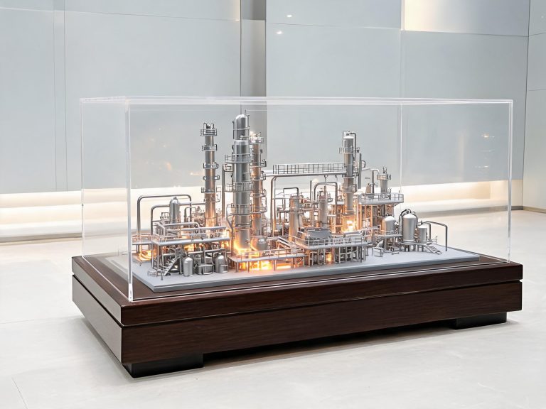 Industrial production line scale model at 1:50 with working conveyors and LED status lamps