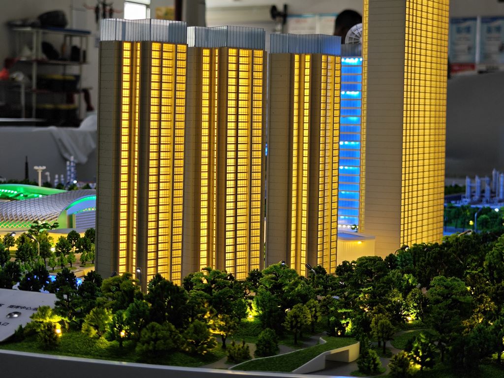 New energy architectural scale model hydrogen and solar zone with tracker rows and pipe runs